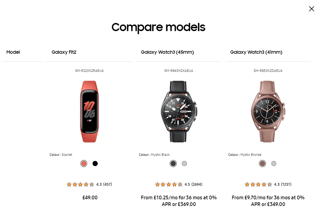 Samsung allows model comparisons