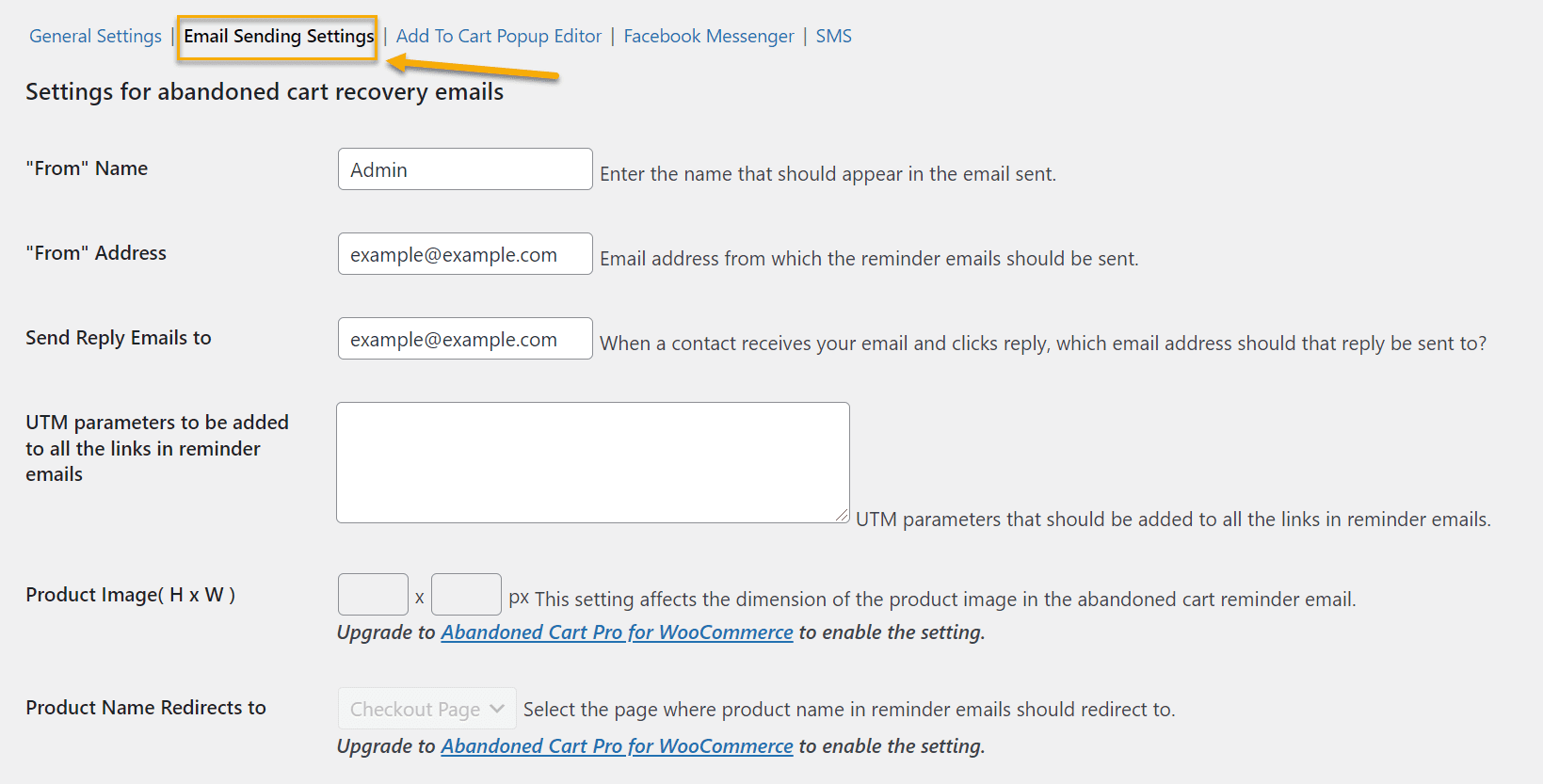 email sending settings for abandoned cart lite plugin
