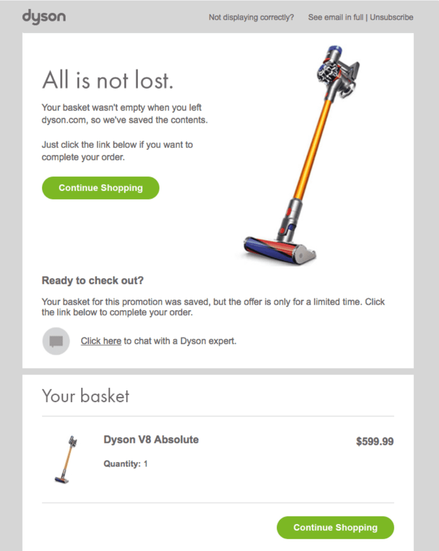 dyson cart abandonment email