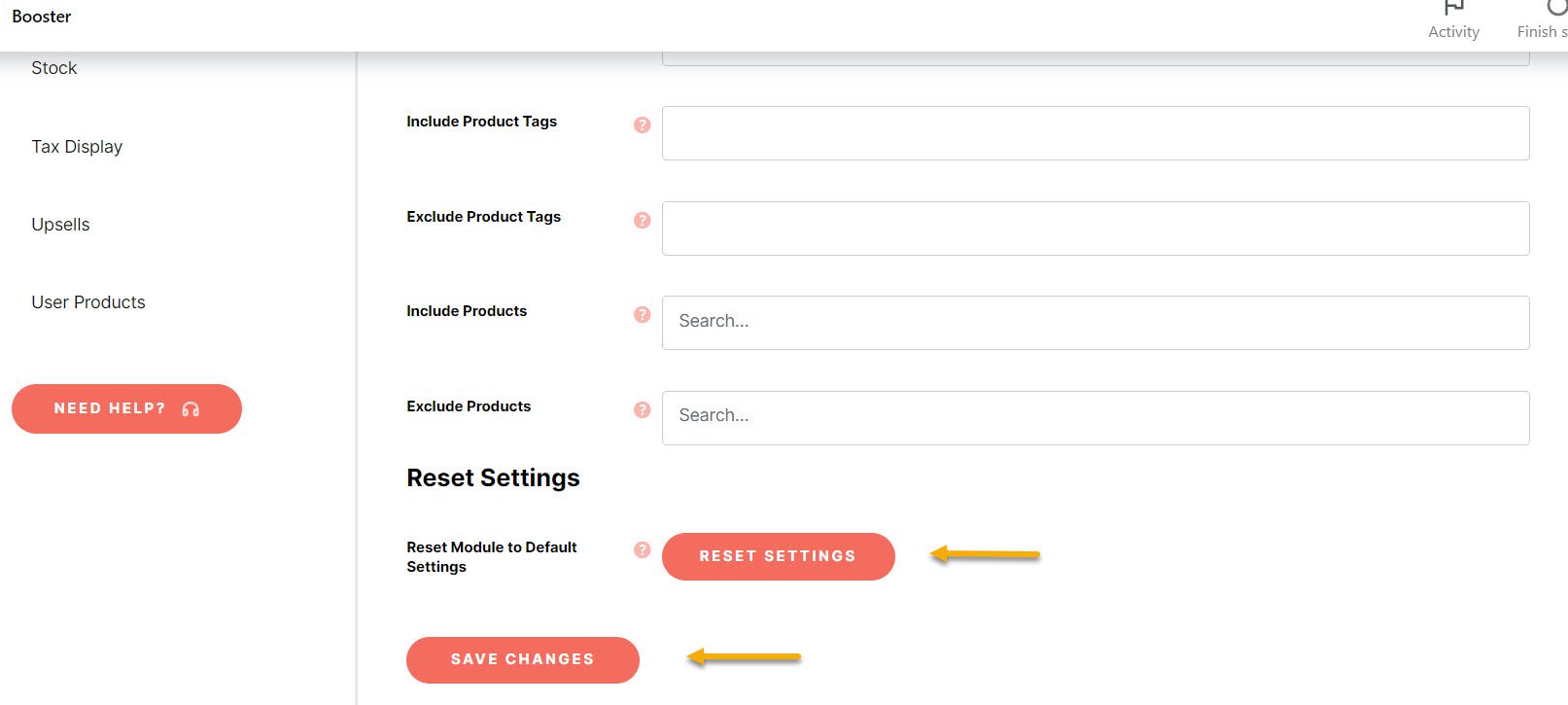 reset settings booster woocommerce 