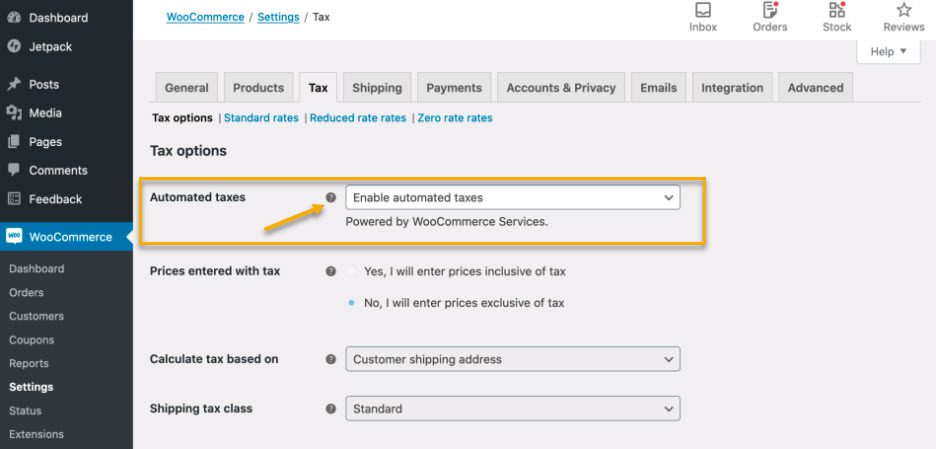 enable automated taxes on woocommerce